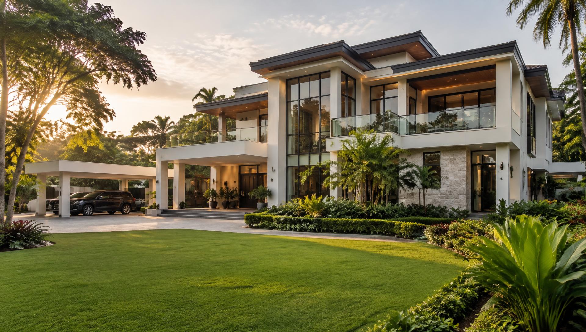 Contemporary home surrounded by lush gardens